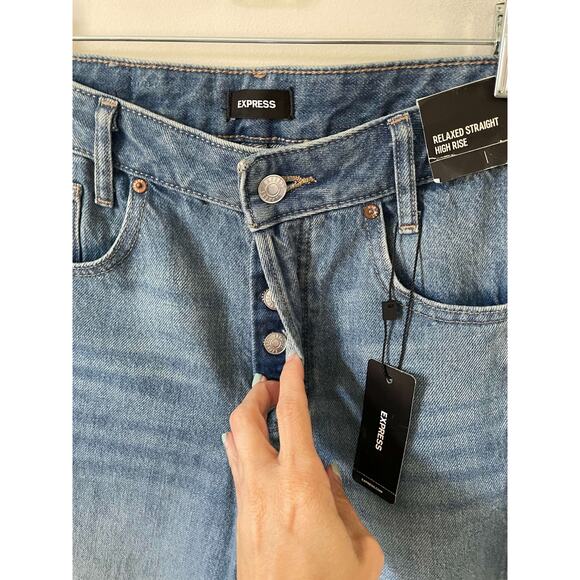 Express Button Fly Relaxed Straight High Rise Jeans Black Size 8 Short - Picture 6 of 12